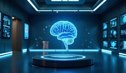 A futuristic display of a human brain in a high-tech laboratory environment