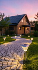 Green living. Cozy wooden eco-friendly smart home with solar roof panels at sunset, stone pathway softly lit by Solar powered garden laterns, modern sustainable house. Energy Efficiency Day