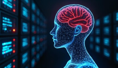 Digital Illustration of a Human Head with Highlighted Brain and Server Background