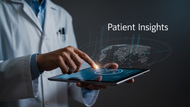 A digital composite image of a futuristic data analytics interface with a person's hands interacting with a tablet device.