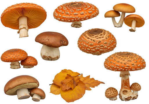 Collection of Mushrooms on Transparent Background