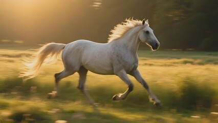 A white horse gallops gracefully across a sunlit field, its mane flowing in the breeze.