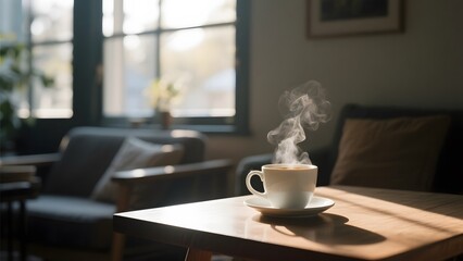 Steaming Cup of Coffee on a Wooden Table in a Cozy Living Room