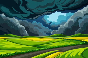 Obraz premium Dramatic Stormy Sky Over Vibrant Green Field with Yellow Flowers Illustration