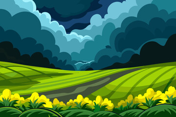 Obraz premium Dramatic Stormy Sky Over Vibrant Green Field with Yellow Flowers Illustration
