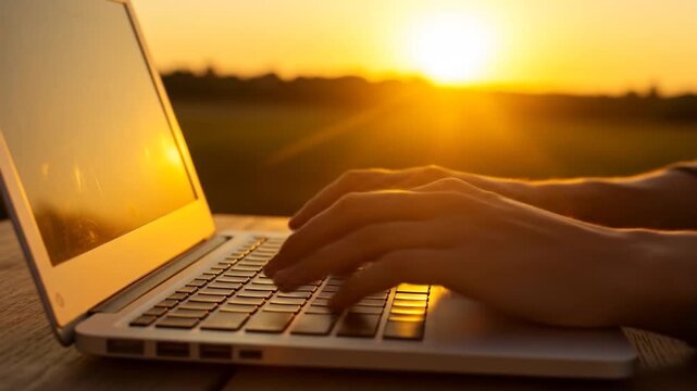 Typing on laptop during sunset outdoor work and technology remote connection
