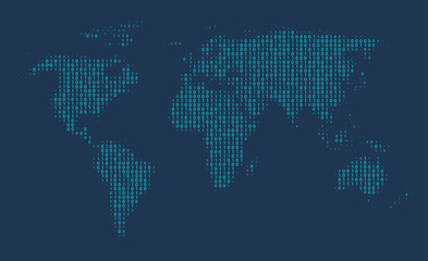 Vector illustration of a world map made of binary numbers. Global data, digital communication, and internet technology. Includes elements of code, network, cyber security, and information design. © Hilch