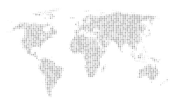 Vector illustration of a world map made of binary numbers. Global data, digital communication, and internet technology. Includes elements of code, network, cyber security, and information design.