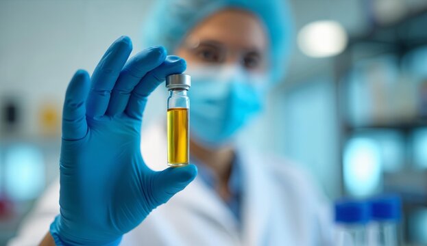 Scientist examining a vial with a yellow liquid in a laboratory setting