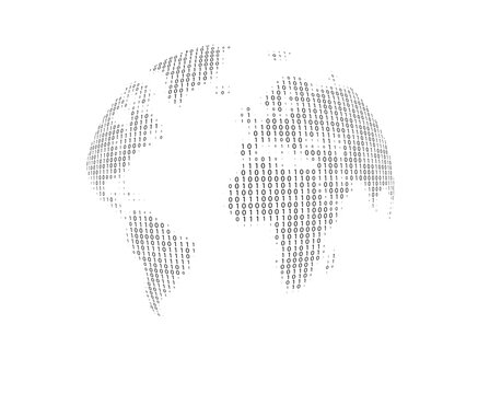 Vector illustration of a globe covered with binary code, Digital world, global data technology network. Spherical map design. Communication, cyber intelligence, internet security futuristic concept