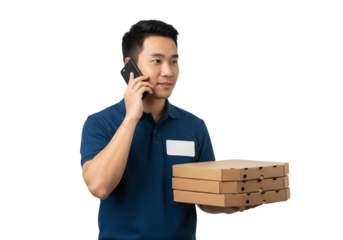 Delivery Man Holding Pizza Boxes and Talking on Phone Isolated PNG