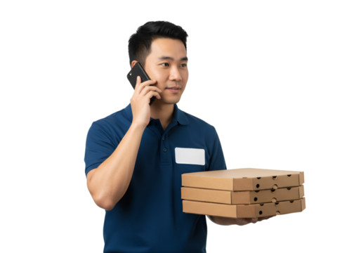 Delivery Man Holding Pizza Boxes and Talking on Phone Isolated PNG - Powered by Adobe
