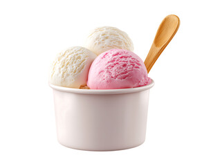 Ice cream tub with three scoops, one pink and two white, on top of the cup with a wooden spoon isolated on a transparent background