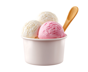 Ice cream tub with three scoops, one pink and two white, on top of the cup with a wooden spoon isolated on a transparent background