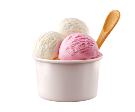 Ice cream tub with three scoops, one pink and two white, on top of the cup with a wooden spoon isolated on a transparent background