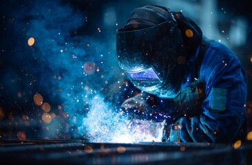 Fototapeta premium Industrial Welder's Intense Focus: Blue Sparks Fly During Metal Fabrication in a Dark Factory Setting