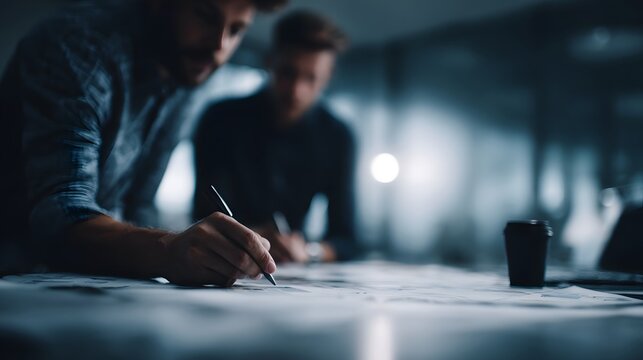 Team preparing a brand strategy presentation in a planning meeting with focused lighting