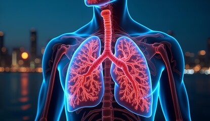 Human Respiratory System Highlighted in X-Ray View Against Cityscape Background
