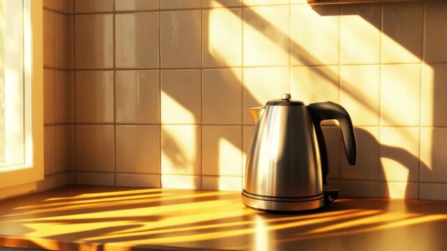 Modern stainless steel kettle on kitchen counter with soft morning light and shadow play on tiled wall 4k video footage