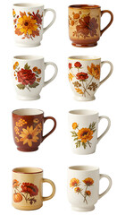 Eight Vintage Floral Autumn Mugs Isolated