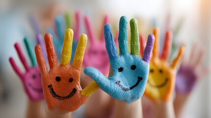 Fototapeta premium Colorful Painted Hands with Smiling Faces in Bright Colors for Children's Art and Creativity