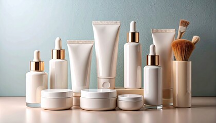 An assortment of cosmetic products, including bottles, tubes, and jars, arranged on a surface with makeup brushes.