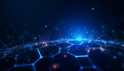 Obraz premium Abstract Hexagonal Grid with Glowing Nodes and Particles in a Dark Blue Background
