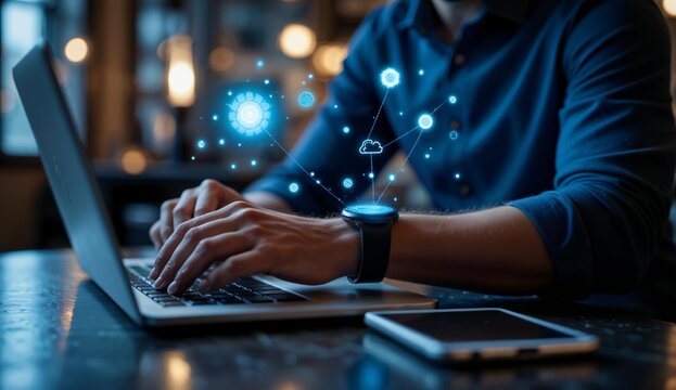 Person working on a laptop with digital icons floating around, suggesting data analysis or connectivity.