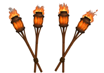 Four Burning Tiki Torches on Transparent Background