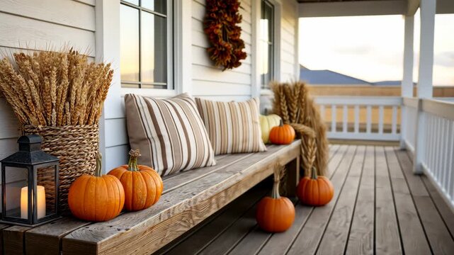 Cozy autumn porch with pumpkins and lanterns at sunset in rustic countryside