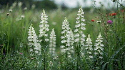 Cluster of white flowering plants in a green meadow with wildflowers and a blurred background.
