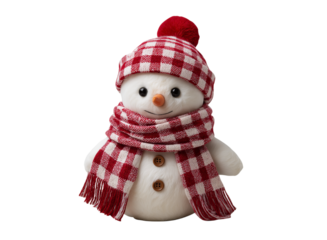 3D snowman wearing a red and white checkered scarf, a hat with tassels, clipart on a pure isolated on a transparent background in PNG format.