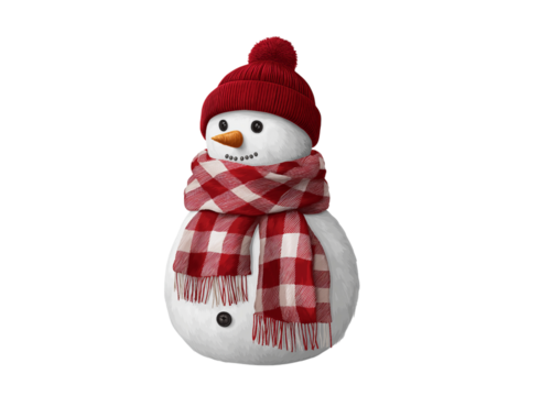 3D snowman wearing a red and white checkered scarf, a hat with tassels, clipart on a pure isolated on a transparent background in PNG format.
