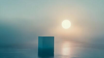 Ethereal Cube in Misty Landscape with Rising Sun and Calm Waters