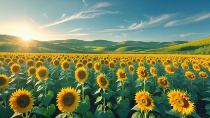 Fototapeta premium Sunflower field during sunrise with rolling hills and blue sky. Agriculture and nature, concept. Sunflowers and rural landscape. The beauty of countryside and floral scenery