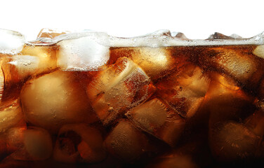 Refreshing cola with ice isolated on white, closeup