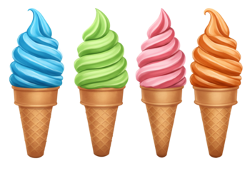 Four Colorful Ice Cream Cones Illustration on Transparent Background