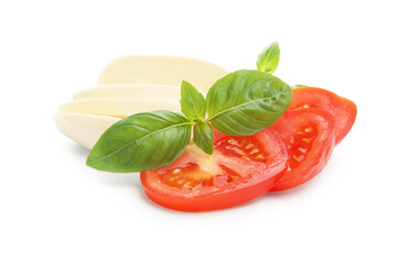 Tasty mozzarella cheese, tomato and basil isolated on white