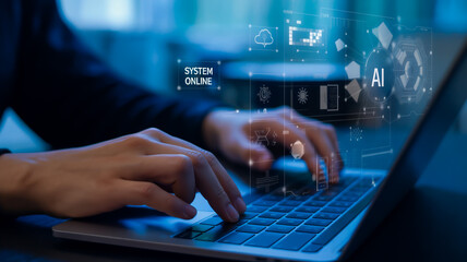 A digital technology concept image with a dark blue and black background featuring a laptop screen with holographic interface elements.