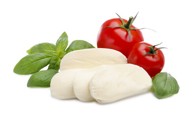 Tasty mozzarella cheese, tomatoes and basil isolated on white