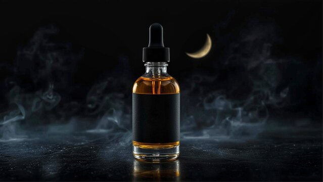 Elegant Black E-Liquid Bottle with Dark Smoky Atmosphere