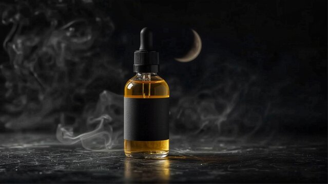 Elegant Black E-Liquid Bottle with Dark Smoky Atmosphere
