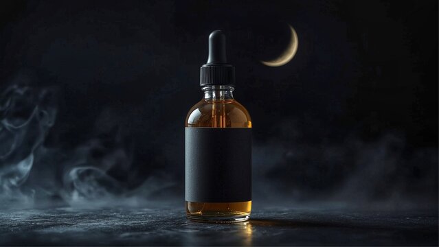 Elegant Black E-Liquid Bottle with Dark Smoky Atmosphere