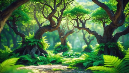 Obraz premium Lush green forest featuring ancient twisted trees with vibrant foliage and a serene pathway, capturing the essence of a dense, peaceful woodland.