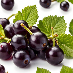 fresh black currant berries with green leaves isolated on white background for food and fruit design
