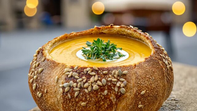Closeup of pumpkin soup in rustic bread bowl on urban street with bokeh lights