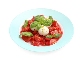 Tasty salad Caprese with mozzarella, tomatoes, basil and spices isolated on white