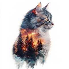 Watercolor cat portrait merged with fiery forest sunset, double exposure artwork combining pet charm with natural beauty in a magical way