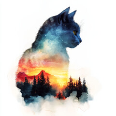 Double exposure of a cat silhouette with vibrant sunset and forest landscape, dreamy watercolor style for artistic and nature-themed design projects and digital artwork