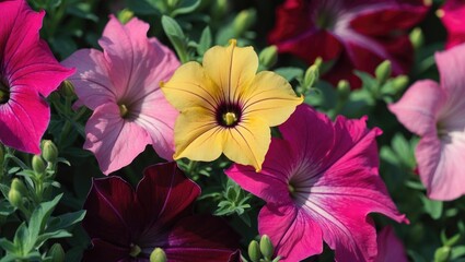 Colorful petunias with pink, yellow, and deep maroon flowers in a garden setting.